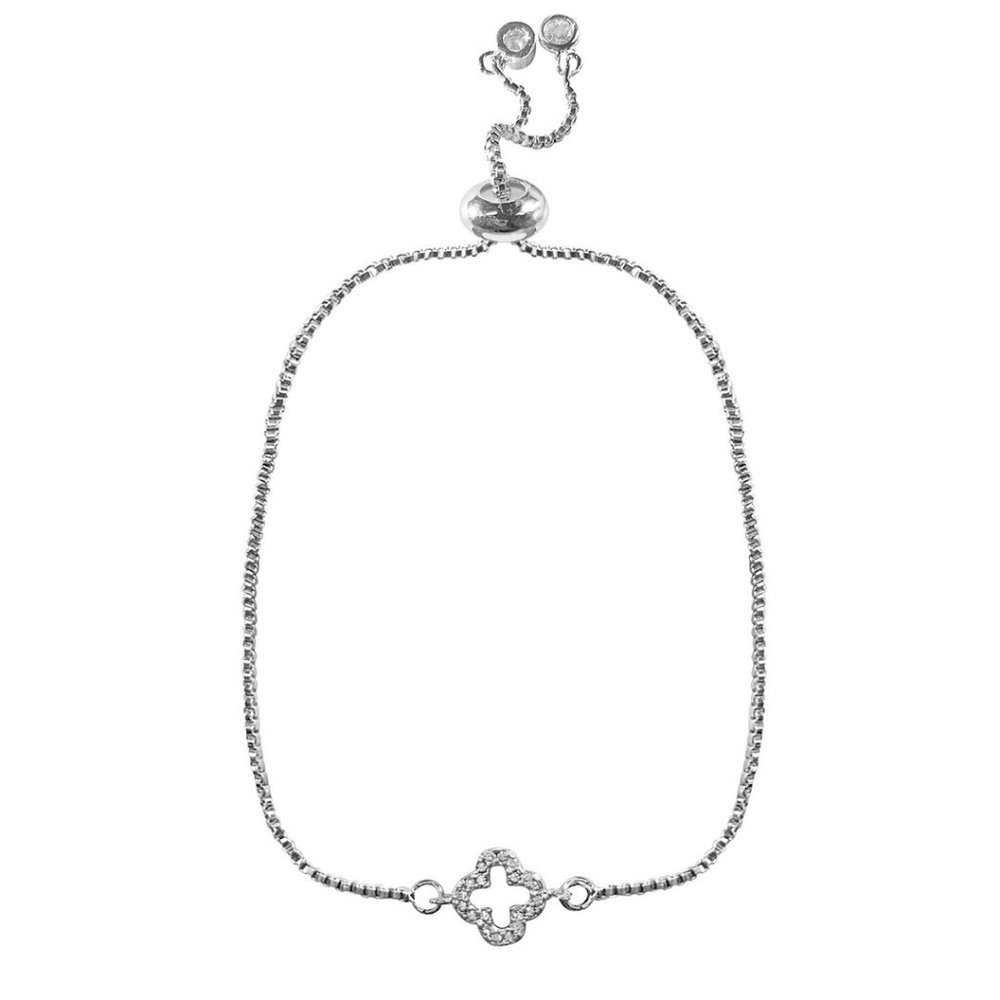 NEW ADORNIA Quatrefoil Clover Charm Bolo Pull Adjustable Bracelet Silver Rhodium